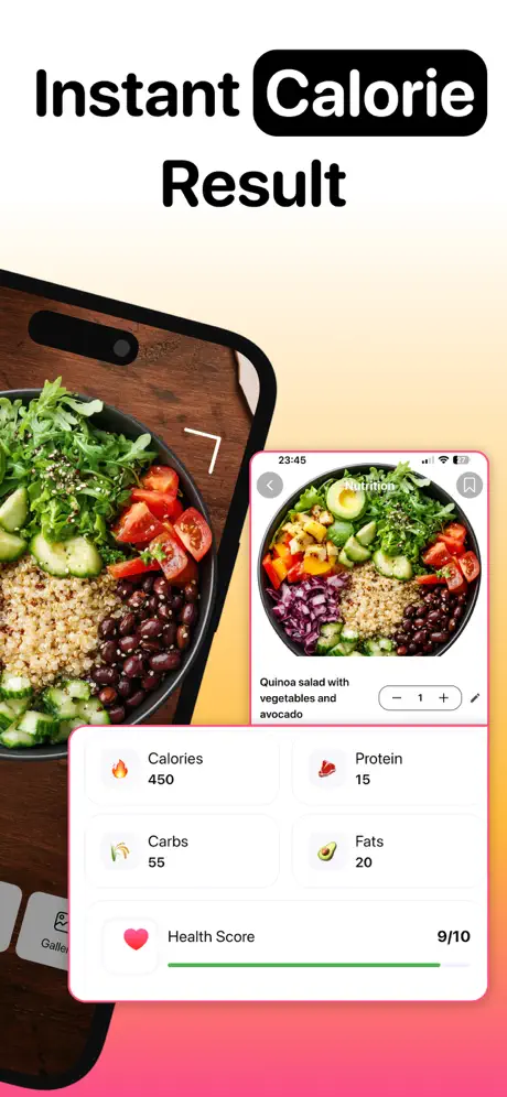 Calzeno instant calorie result — calories, protein, carbs, fats and health score